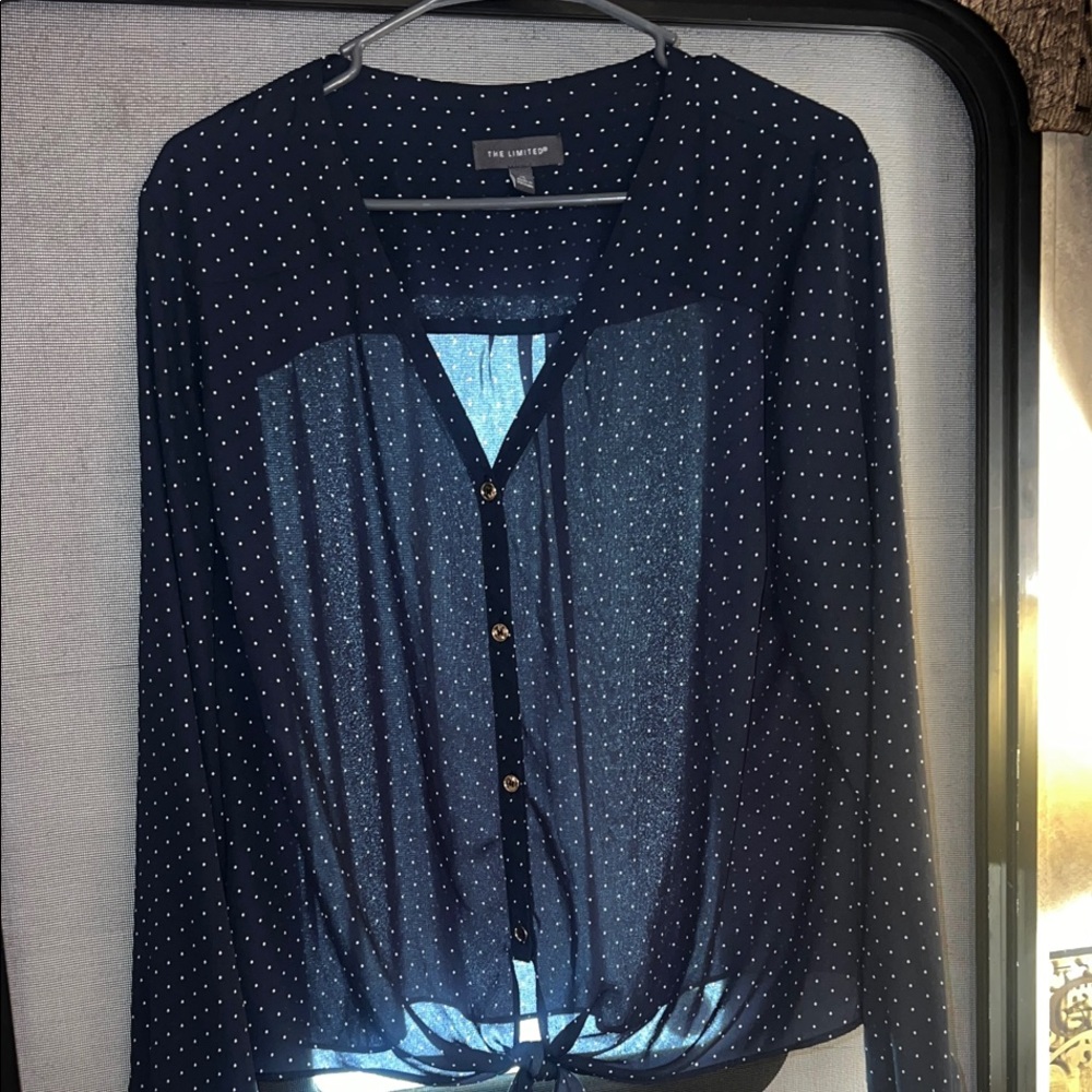 The Limited Navy Blue Polka Dot Tie-Front Blouse